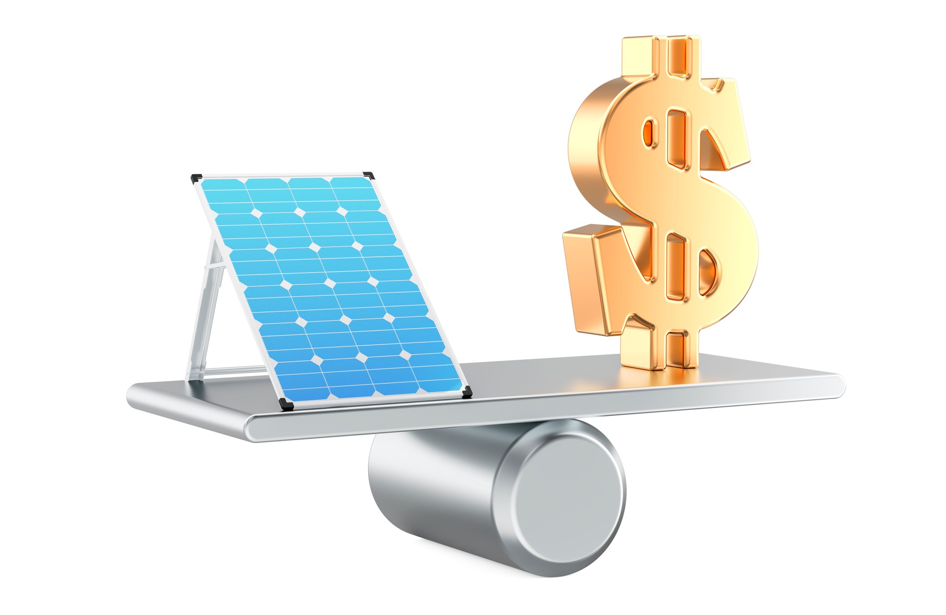 Solar panels and Dollar symbol, balance. 3D rendering